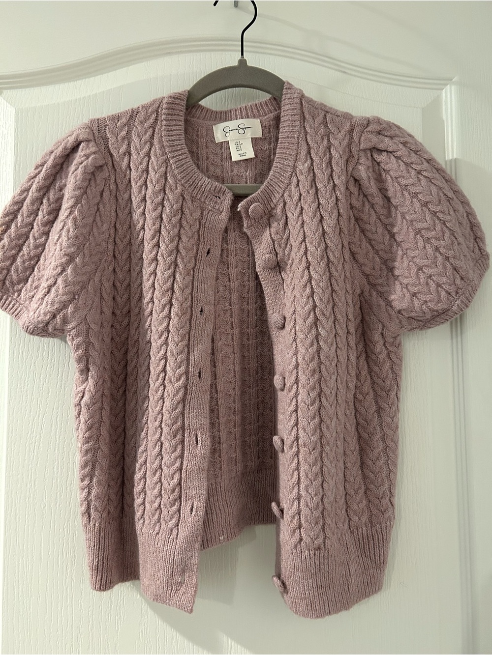 Jessica Simpson Dusty Mauve Cable-Knit Puff Sleeve Cardigan